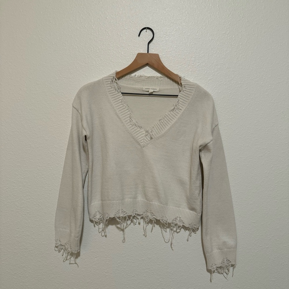 Distressed White Sweater